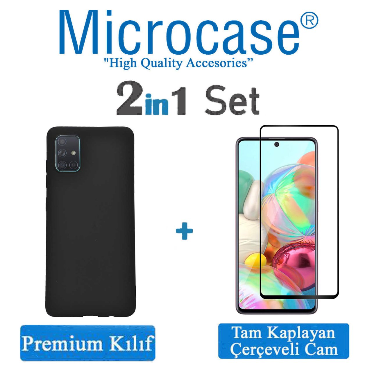 Microcase Samsung Galaxy A71 Premium Matte Silikon Kılıf - Siyah + Tam Kaplayan Çerçeveli Cam