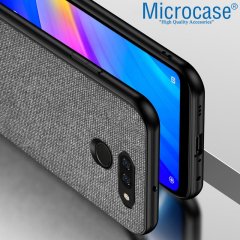 Microcase LG G8 ThinQ Fabrik Serisi Kumaş ve Deri Desen Kılıf - Gri + Tempered Glass Cam Koruma