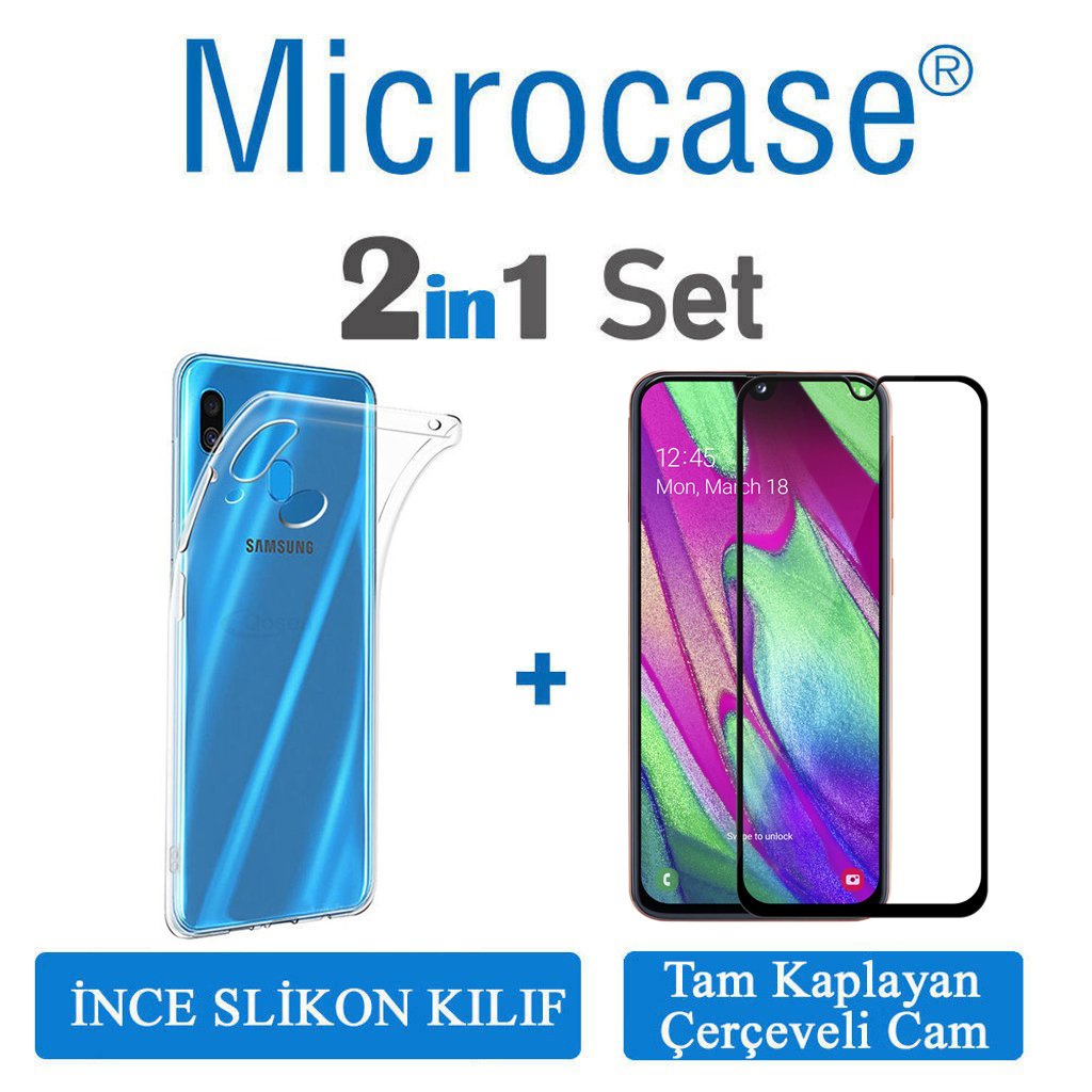 Samsung Galaxy A40 0.2 mm İnce Silikon Kılıf + Tam Kaplayan Cam