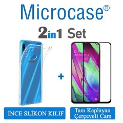 Samsung Galaxy A40 0.2 mm İnce Silikon Kılıf + Tam Kaplayan Cam