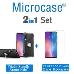 Microcase Xiaomi Mi 9 Explorer Yüzük Standlı Armor Silikon Kılıf + Tempered Glass Cam Koruma (SEÇENEKLİ)