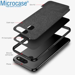 Microcase LG G8 ThinQ Fabrik Serisi Kumaş ve Deri Desen Kılıf - Siyah