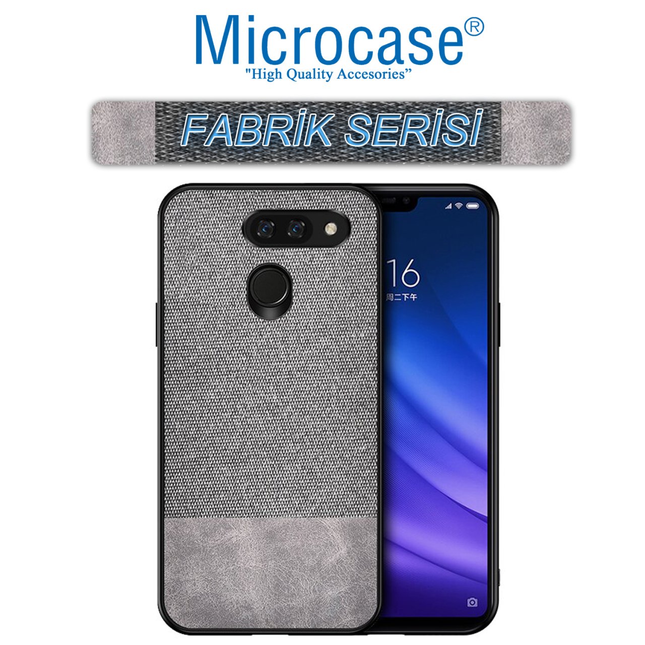 Microcase LG G8 ThinQ Fabrik Serisi Kumaş ve Deri Desen Kılıf - Gri