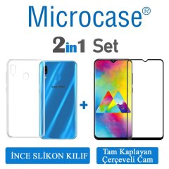 Samsung Galaxy A20 0.2 mm İnce Silikon Kılıf + Tam Kaplayan Cam