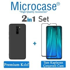 Microcase Xiaomi Redmi Note 8 Pro Premium Matte Silikon Kılıf - Siyah + Tam Kaplayan Çerçeveli Cam