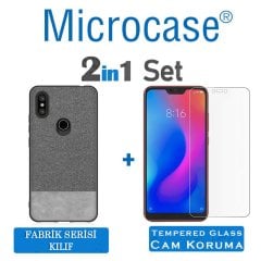 Microcase Xiaomi Mi A2 Lite - Redmi 6 Pro Fabrik Serisi Kumaş ve Deri Desen Kılıf - Gri + Tempered Glass Cam Koruma