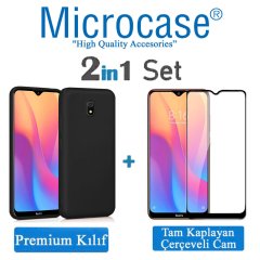 Microcase Xiaomi Redmi 8A Premium Matte Silikon Kılıf - Siyah + Tam Kaplayan Çerçeveli Cam