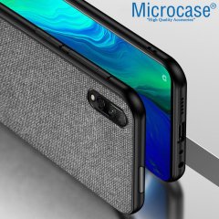 Microcase Huawei P Smart Pro 2019 - Y9S Fabrik Serisi Kumaş ve Deri Desen Kılıf - Gri