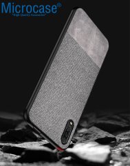 Microcase Huawei P Smart Pro 2019 - Y9S Fabrik Serisi Kumaş ve Deri Desen Kılıf - Gri