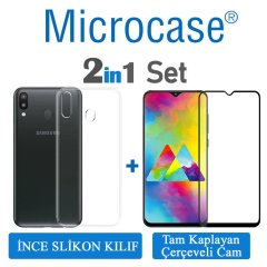 Samsung Galaxy M20 0.2 mm İnce Silikon Kılıf + Tam Kaplayan Cam