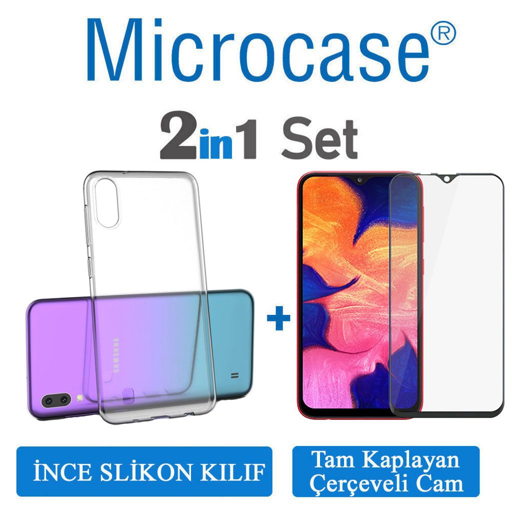 Samsung Galaxy M10 0.2 mm İnce Silikon Kılıf + Tam Kaplayan Cam