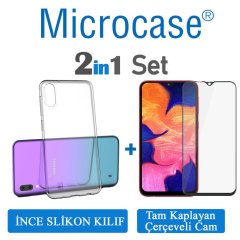 Samsung Galaxy M10 0.2 mm İnce Silikon Kılıf + Tam Kaplayan Cam