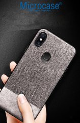 Microcase Xiaomi Mi A2 Lite - Redmi 6 Pro Fabrik Serisi Kumaş ve Deri Desen Kılıf - Gri