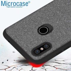 Microcase Xiaomi Mi A2 Lite - Redmi 6 Pro Fabrik Serisi Kumaş ve Deri Desen Kılıf - Gri