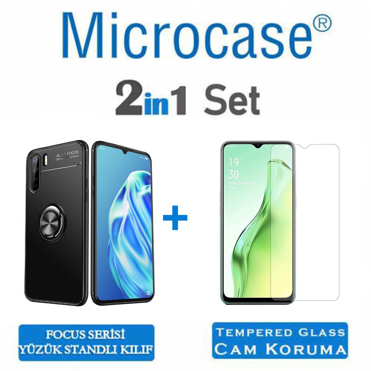 Microcase Oppo A91 Focus Serisi Yüzük Standlı Silikon Kılıf - Siyah + Tempered Glass Cam Koruma