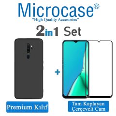 Microcase Oppo A5 2020 - A9 2020 Premium Matte Silikon Kılıf - Siyah + Tam Kaplayan Çerçeveli Cam