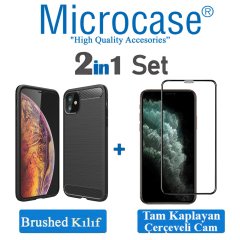 Microcase iPhone 11 Brushed Carbon Fiber Silikon TPU Kılıf - Siyah + Tam Kaplayan Çerçeveli Cam