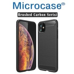 Microcase iPhone 11 Brushed Carbon Fiber Silikon TPU Kılıf - Siyah + Tam Kaplayan Çerçeveli Cam