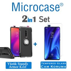 Microcase Xiaomi Mi 9T Yüzük Standlı Armor Silikon Kılıf + Tempered Glass Cam Koruma (SEÇENEKLİ)