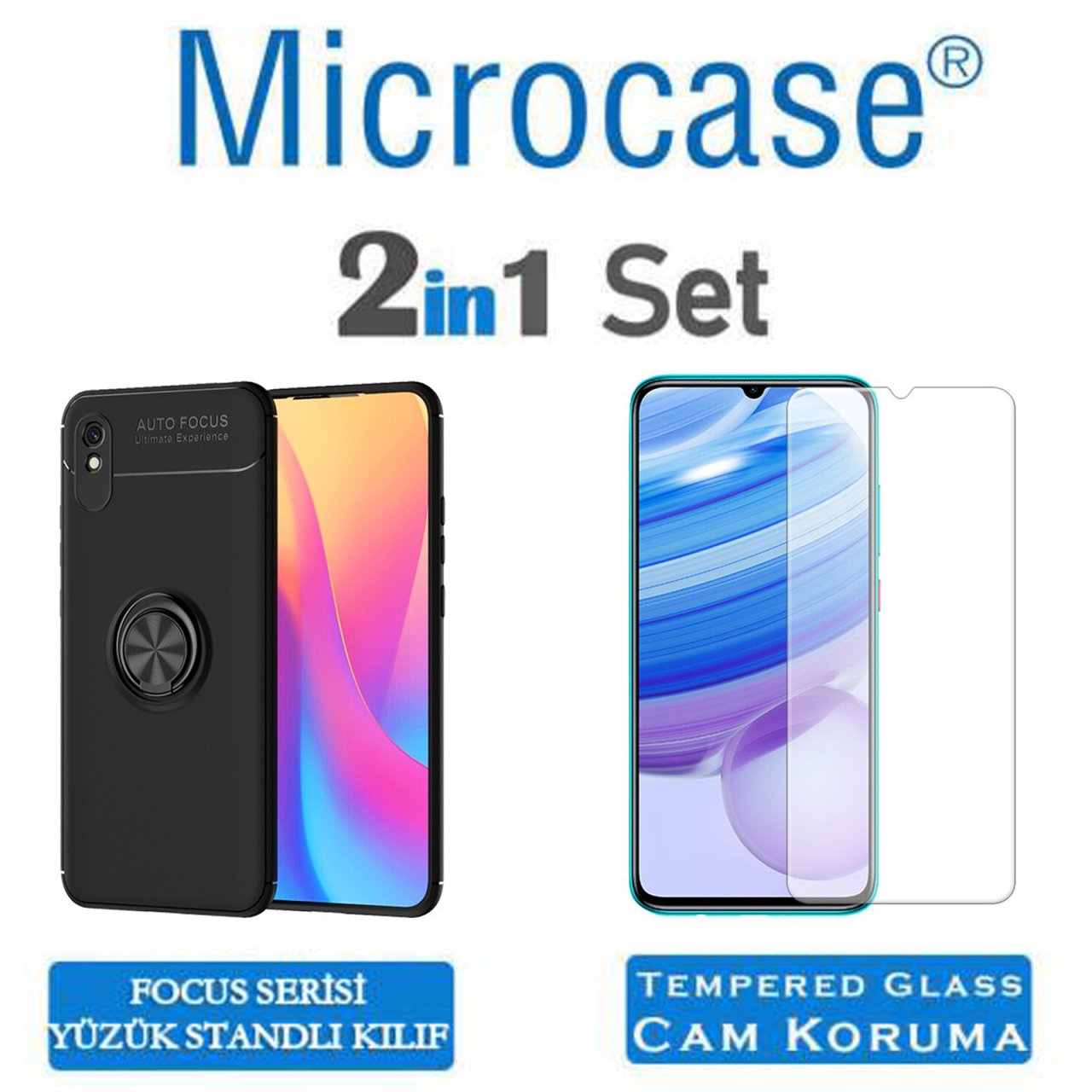 Microcase Xiaomi Redmi 9A Focus Serisi Yüzük Standlı Silikon Kılıf - Siyah + Tempered Glass Koruma