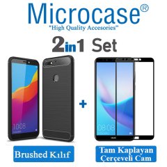 Huawei Y7 Pro 2018 Brushed Kılıf + Tam Kaplayan Çerçeveli Cam