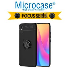 Microcase Xiaomi Redmi 9A Focus Serisi Yüzük Standlı Silikon Kılıf - Siyah + Tempered Glass Koruma