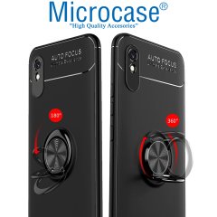 Microcase Xiaomi Redmi 9A Focus Serisi Yüzük Standlı Silikon Kılıf - Siyah + Tempered Glass Koruma