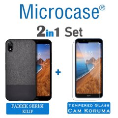 Microcase Xiaomi Redmi 7A Fabrik Serisi Kumaş ve Deri Desen Kılıf - Siyah + Tempered Glass Cam Koruma