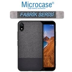 Microcase Xiaomi Redmi 7A Fabrik Serisi Kumaş ve Deri Desen Kılıf - Siyah + Tempered Glass Cam Koruma