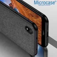 Microcase Xiaomi Redmi 7A Fabrik Serisi Kumaş ve Deri Desen Kılıf - Siyah + Tempered Glass Cam Koruma