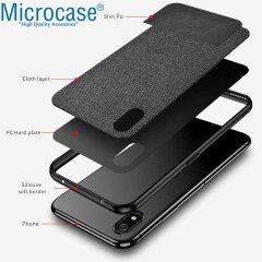 Microcase Xiaomi Redmi 7A Fabrik Serisi Kumaş ve Deri Desen Kılıf - Siyah + Tempered Glass Cam Koruma