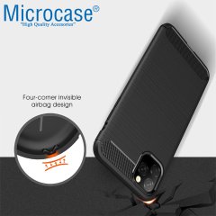Microcase iPhone 11 Pro Brushed Carbon Fiber Silikon TPU Kılıf - Siyah + Tam Kaplayan Çerçeveli Cam