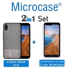 Microcase Xiaomi Redmi 7A Fabrik Serisi Kumaş ve Deri Desen Kılıf - Gri + Tempered Glass Cam Koruma