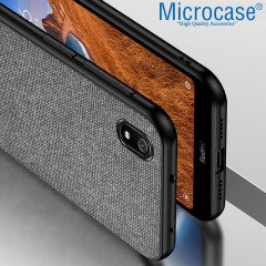 Microcase Xiaomi Redmi 7A Fabrik Serisi Kumaş ve Deri Desen Kılıf - Gri + Tempered Glass Cam Koruma