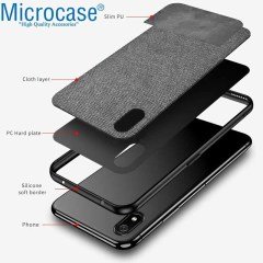 Microcase Xiaomi Redmi 7A Fabrik Serisi Kumaş ve Deri Desen Kılıf - Gri + Tempered Glass Cam Koruma