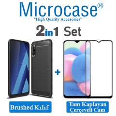 Microcase Samsung Galaxy A30s Brushed Carbon Fiber Silikon Kılıf Siyah + Tam Kaplayan Çerçeveli Cam