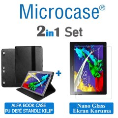 Microcase Lenovo Tab 3 10.1 Business X70F Alfa Book Case PU Deri Standlı Kılıf - Siyah + Nano Esnek Ekran Koruma Filmi