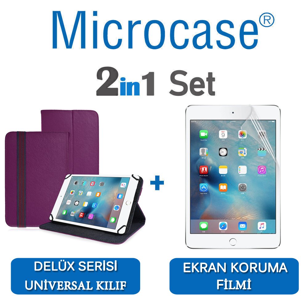 Microcase iPad Pro 9.7 Delüx Serisi Universal Standlı Deri Kılıf - Mor + Ekran Koruma Filmi
