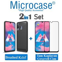 Microcase Samsung Galaxy A40s Brushed Carbon Fiber Silikon Kılıf Siyah + Tam Kaplayan Çerçeveli Cam