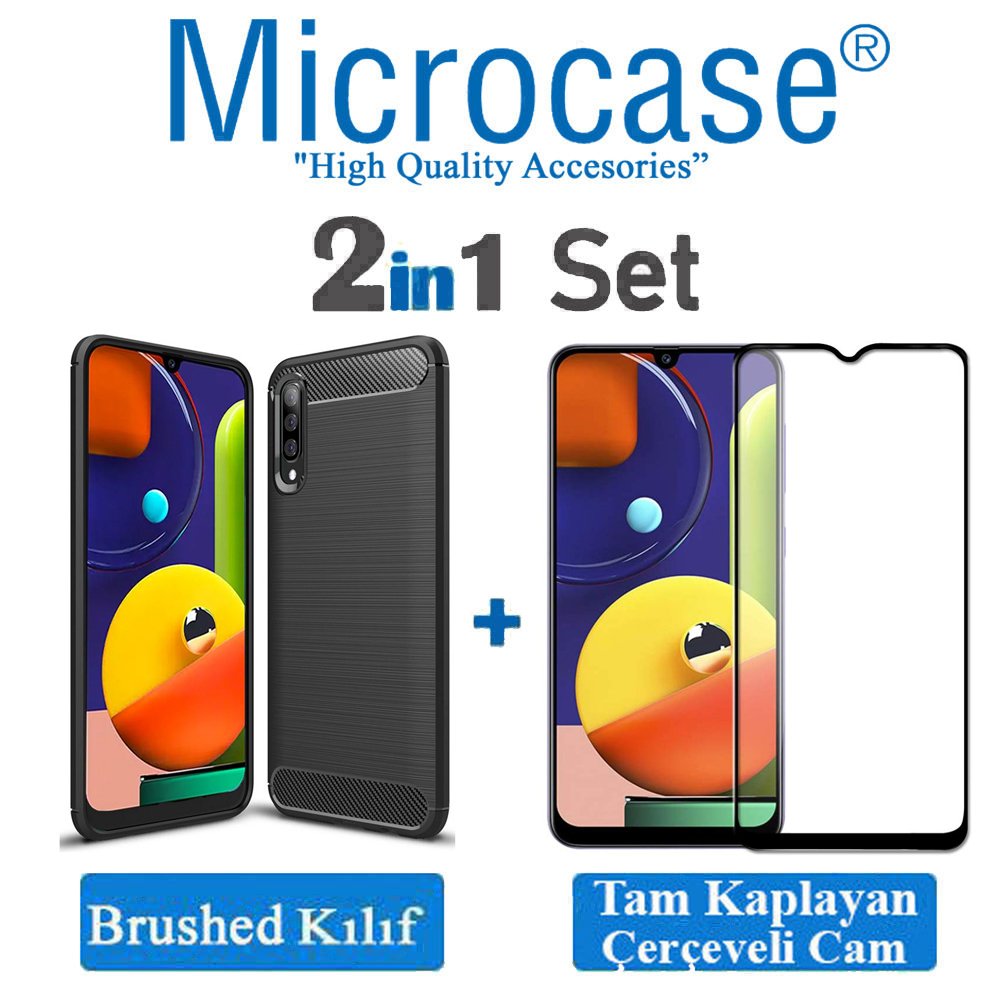 Microcase Samsung Galaxy A50s Brushed Carbon Fiber Silikon Kılıf Siyah + Tam Kaplayan Çerçeveli Cam