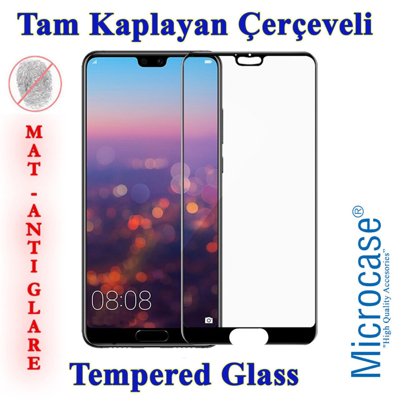 Microcase Huawei P20 Tam Kaplayan Çerçeveli Tempered Ekran Koruyucu - Mat Siyah