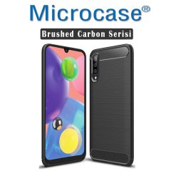 Microcase Samsung Galaxy A70s Brushed Carbon Fiber Silikon Kılıf Siyah + Tam Kaplayan Çerçeveli Cam