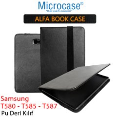 Microcase Samsung Galaxy Tab A6 10.1 SM-T580 T580 T585 T587 Alfa Book Case PU Deri Kılıf - Siyah + Tempered Glass Cam Koruma