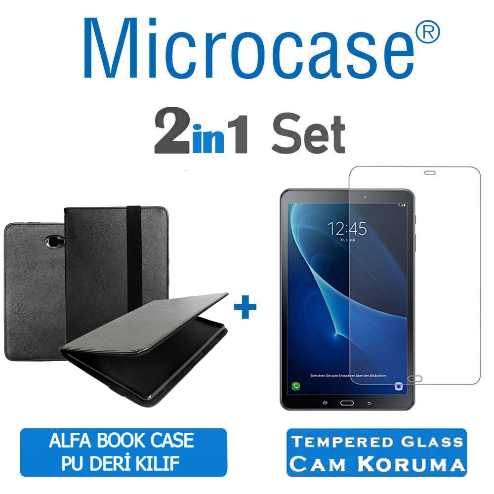 Microcase Samsung Galaxy Tab A6 10.1 SM-T580 T580 T585 T587 Alfa Book Case PU Deri Kılıf - Siyah + Tempered Glass Cam Koruma