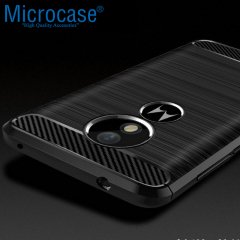 Motorola Moto E5 Brushed Carbon Fiber Silikon TPU Kılıf +Tempered