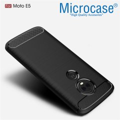 Motorola Moto E5 Brushed Carbon Fiber Silikon TPU Kılıf +Tempered