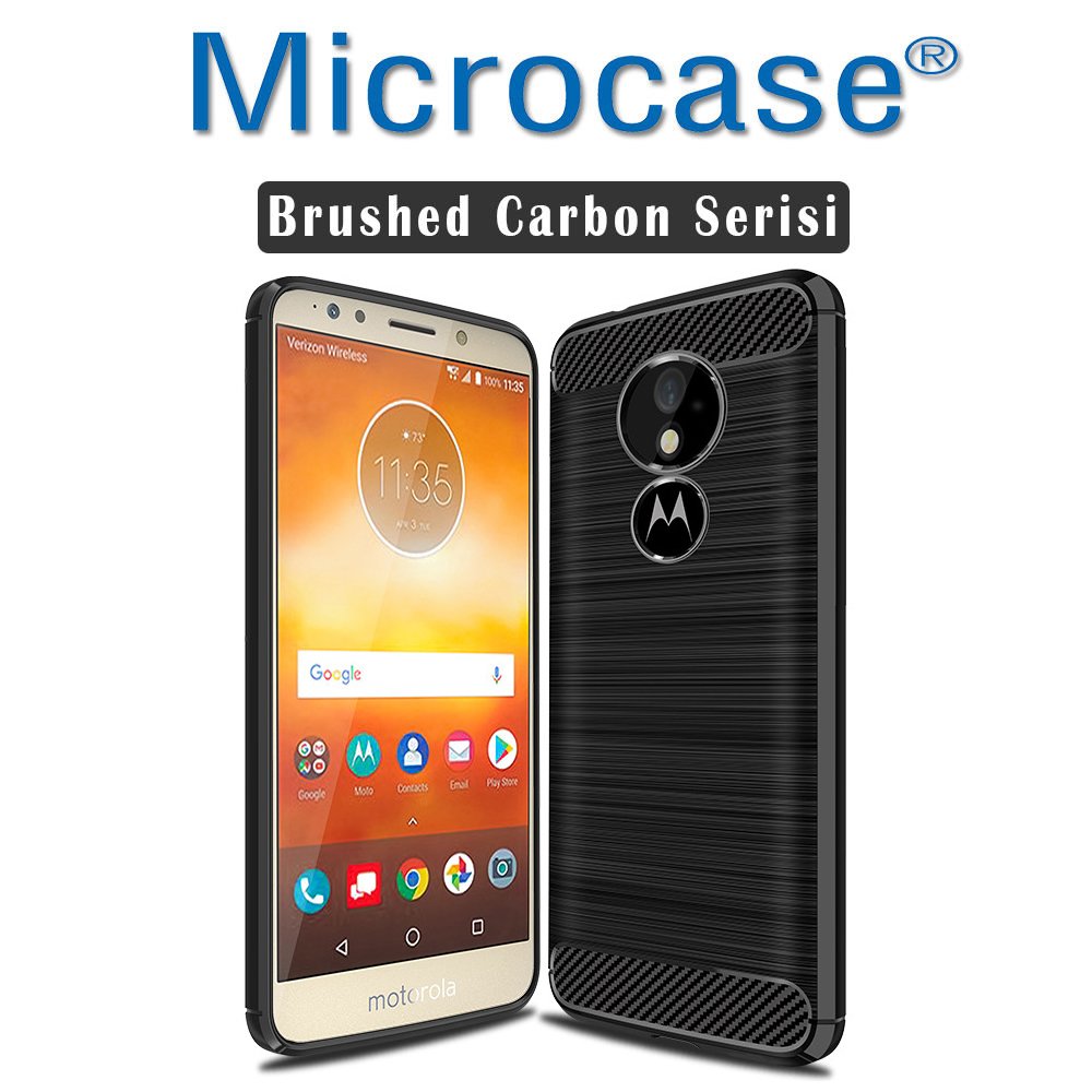 Motorola Moto E5 Brushed Carbon Fiber Silikon TPU Kılıf +Tempered