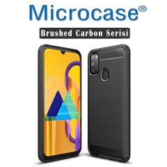 Microcase Samsung Galaxy M30s Brushed Carbon Fiber Silikon Kılıf Siyah + Tam Kaplayan Çerçeveli Cam