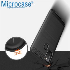 Microcase Samsung Galaxy M30s Brushed Carbon Fiber Silikon Kılıf Siyah + Tam Kaplayan Çerçeveli Cam