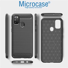 Microcase Samsung Galaxy M30s Brushed Carbon Fiber Silikon Kılıf Siyah + Tam Kaplayan Çerçeveli Cam
